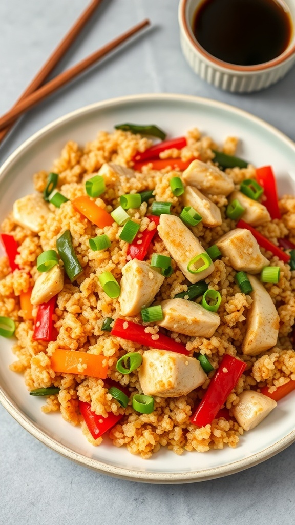 A plate of quinoa chicken fried rice with vegetables and chicken, garnished with green onions.